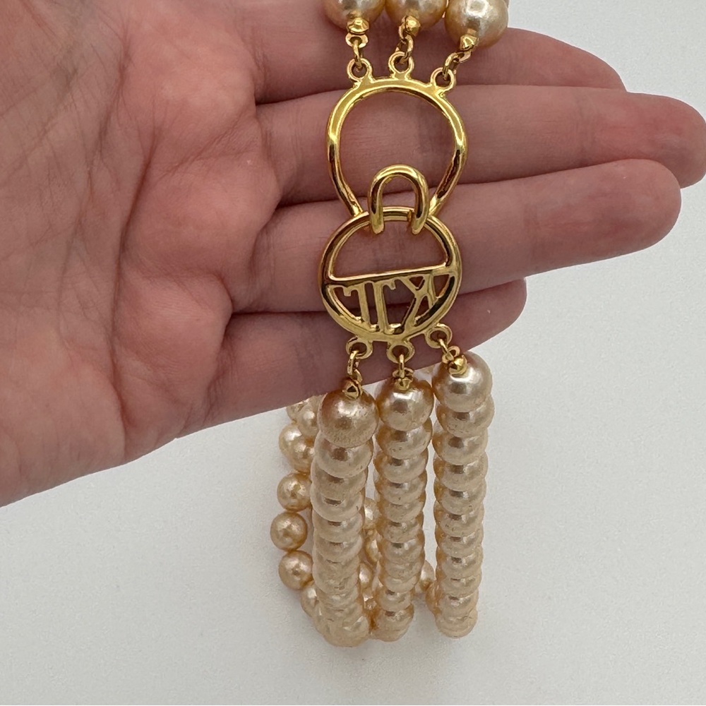 Kenneth Jay Lane Vintage Triple Strand Pearl Necklace with Gold Logo Clasp
